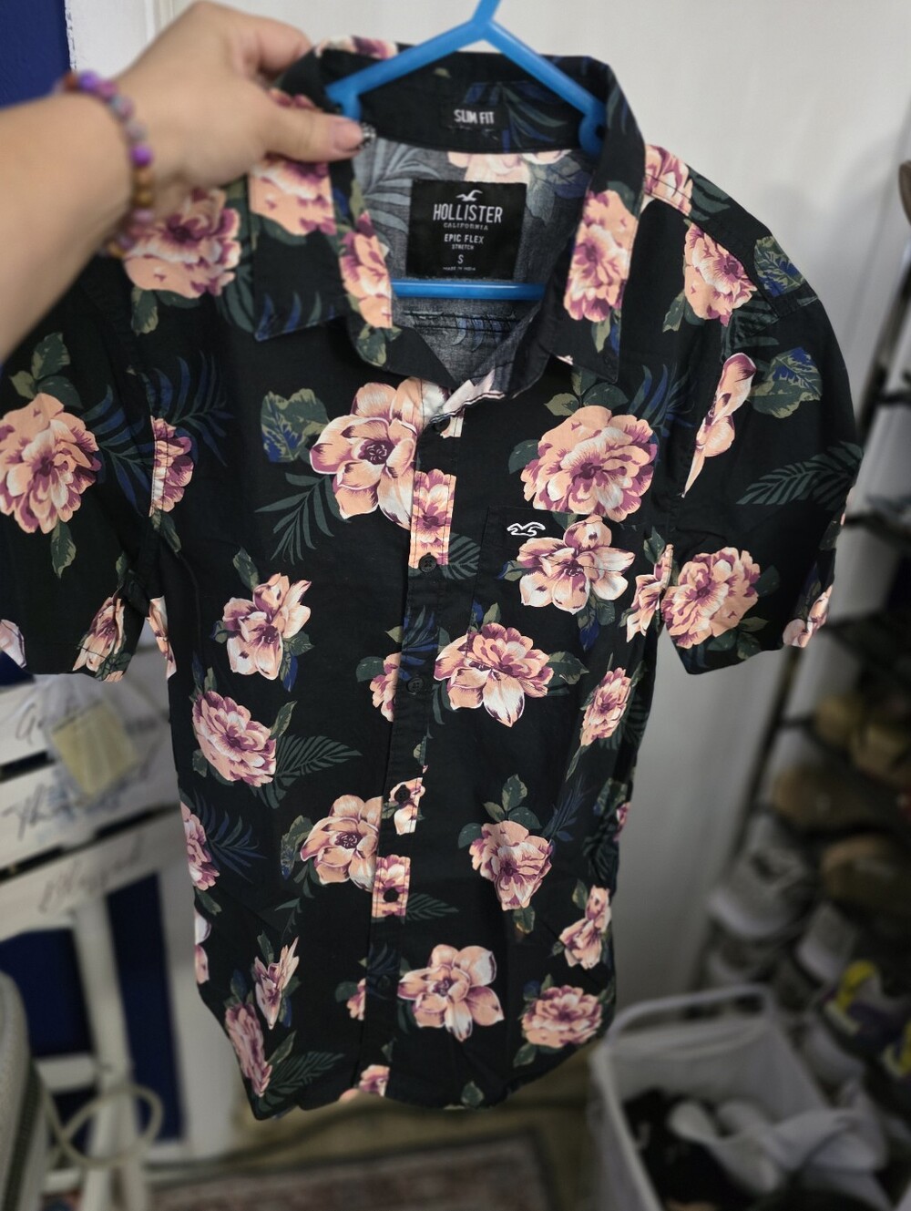 Hollister Black Short-Sleeve Button-Down with Pink Floral Print